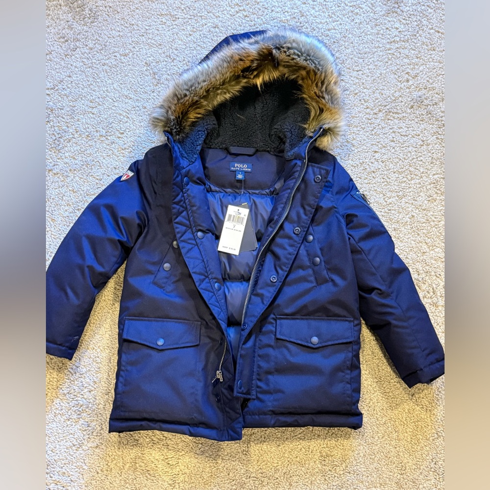 Brand New Ralph Lauren Navy Hooded Parka with Faux Fur Trim